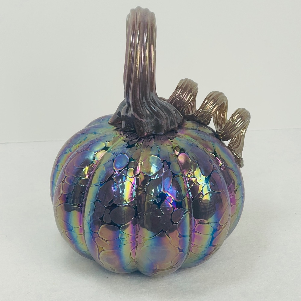 Tahari Home Iridescent Glass Pumpkin Oil Slick Rainbow Bubble Decor 7.5 Inch NEW - Picture 4 of 16